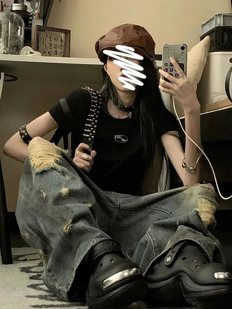 Classic High Waist Solid Color Loose Female Wide Leg Pants American Vintage Washed Chic Hollow Out Fashion Straight Women Jeans