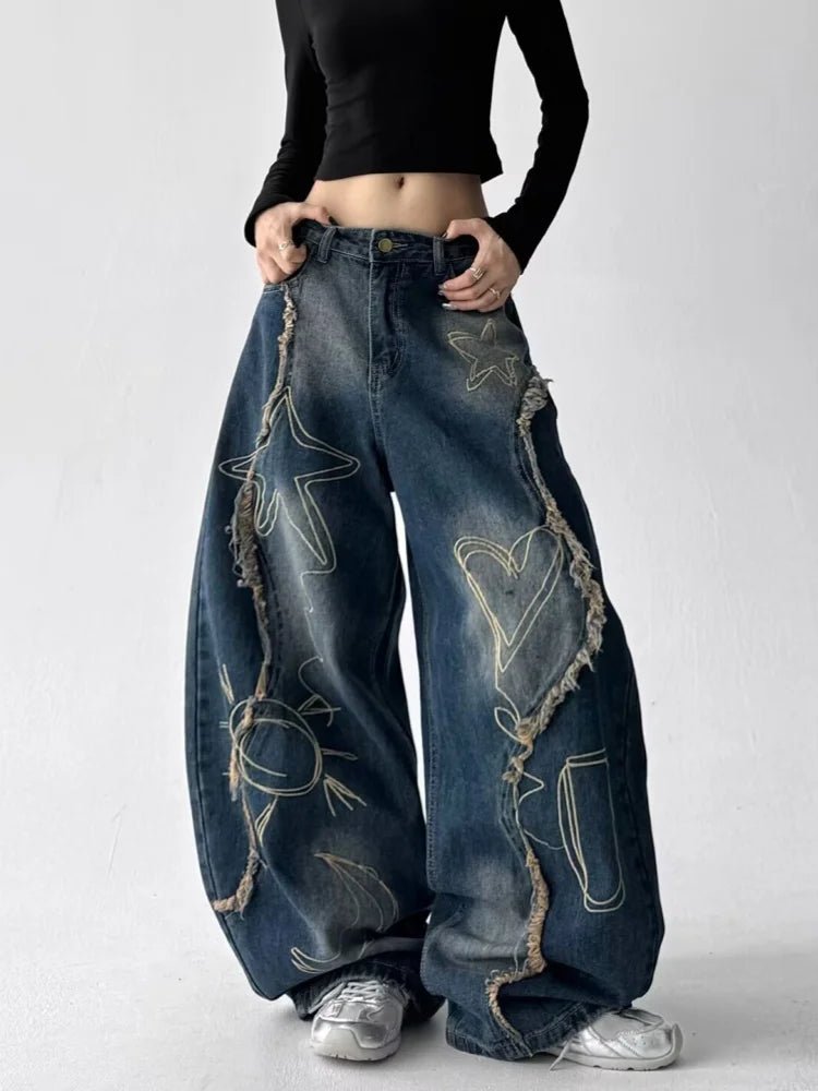 2025 Grunge Y2K Streetwear Vintage Blue Baggy Stacked Cargo Jeans Pants For Women Clothing Wide Leg New Rock Lady Denim Trousers - ZentrovaZentrova