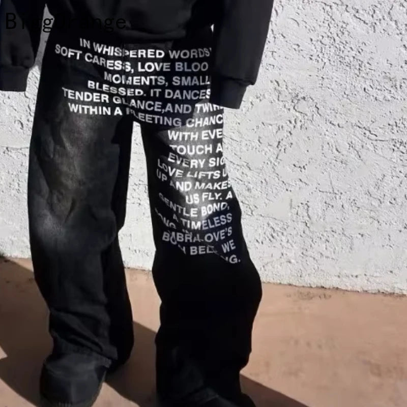 2025 American Fashion Jeans Letter Printing Pattern High Street Casual Wide Legs Y2K Men's Retro Gothic Trendy Casual Pants