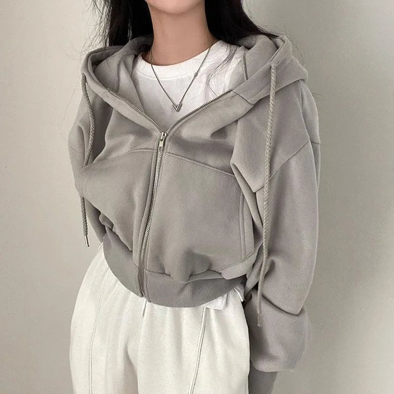 Autumn Winter Hooded Hoodies Women Casual Streetwear Zip Up Sweatshirts Long Sleeve Jackets Harajuku Y2K Crop Tops Hood Shirt - ZentrovaZentrova