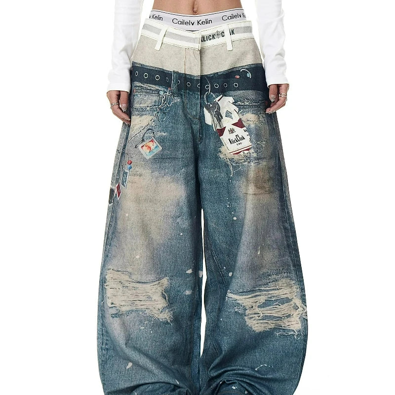 3D Printed Double Waistband Jeans Unisex Vintage Distressed Denim American Retro Loose Straight Trousers  Streetwear Fashion