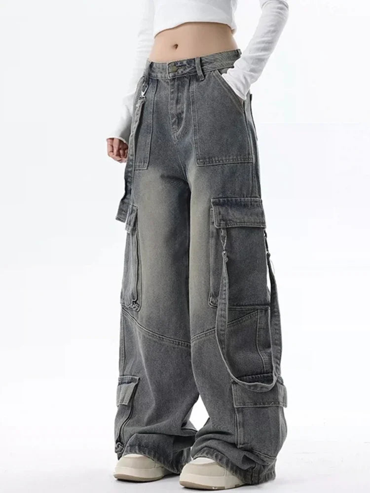 Cargo Jeans for Women Baggy High Street Chic All - match Daily Vintage High Waist Trousers Autumn Popular Multi - pockets Classic - ZentrovaZentrova