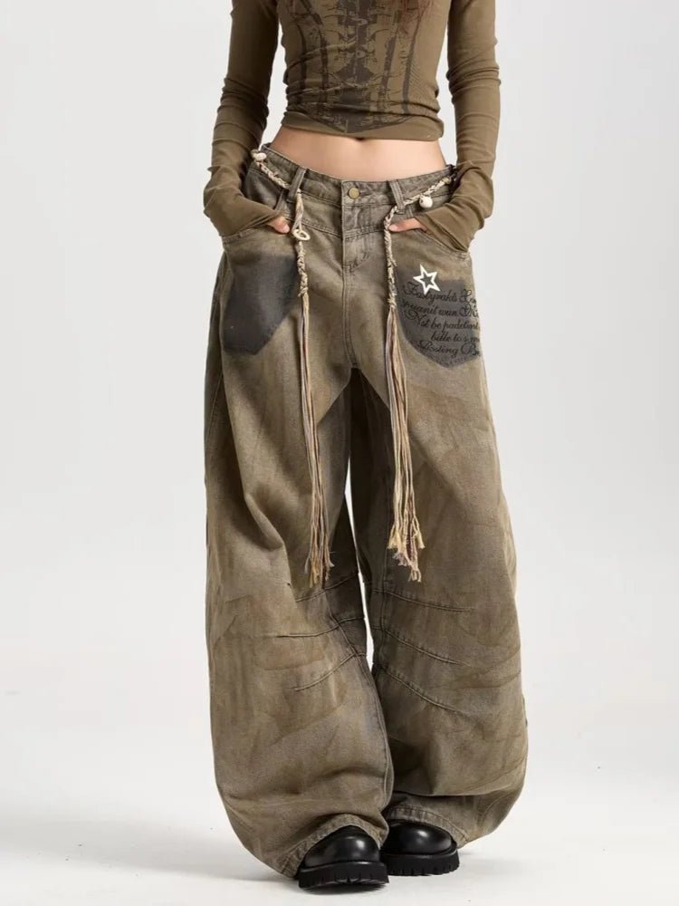 2025 American Retro Y2K Style Distressed Khaki Baggy Pleated Women's Jeans Pants Woman Clothing Wide Leg Cotton Long Trousers - ZentrovaZentrova