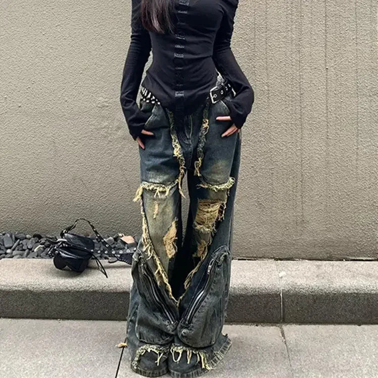 2024 Winter Punk Sexy Vintage Ripped Harajuku Loose Jeans Y2K Hollow Out Trashy Pants Women's BaggyTassels Denim Trouser