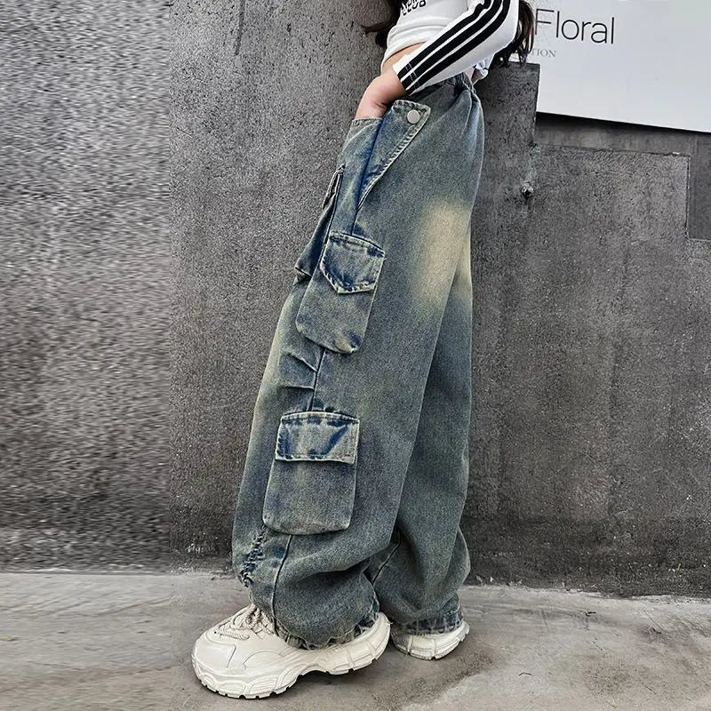 Cargo Jeans for Girls 2026 Spring Loose Casual Elastic Waist Teenage Children Wide Leg Pants Design Streetwear Kids Trousers