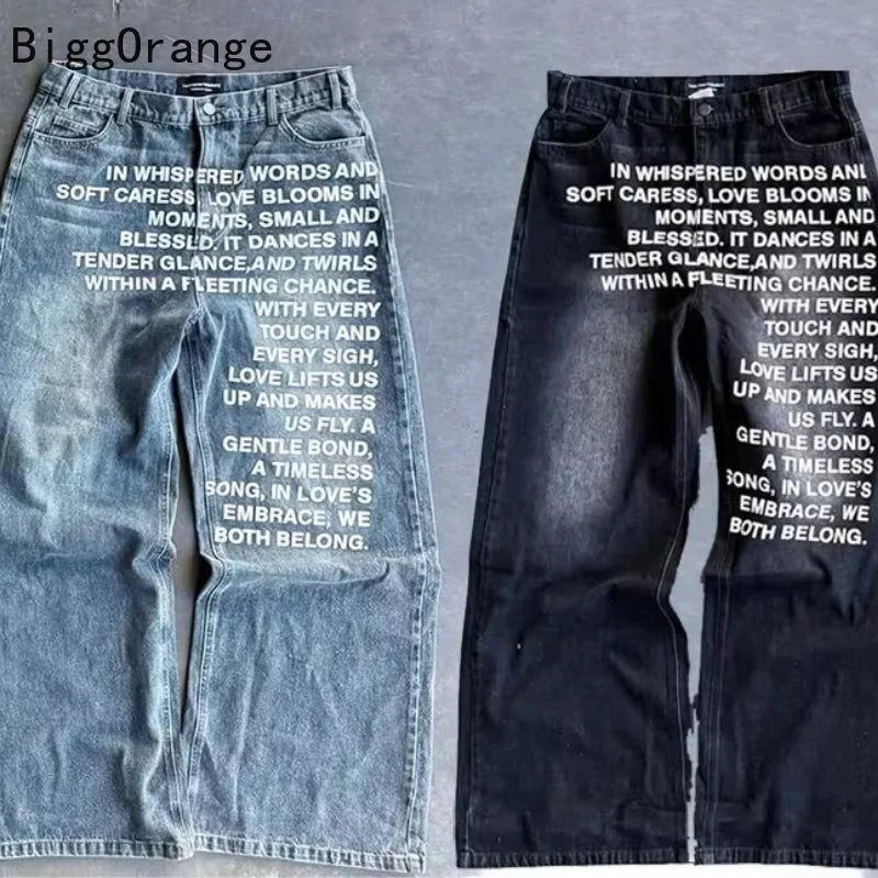 2025 American Fashion Jeans Letter Printing Pattern High Street Casual Wide Legs Y2K Men's Retro Gothic Trendy Casual Pants - ZentrovaZentrova