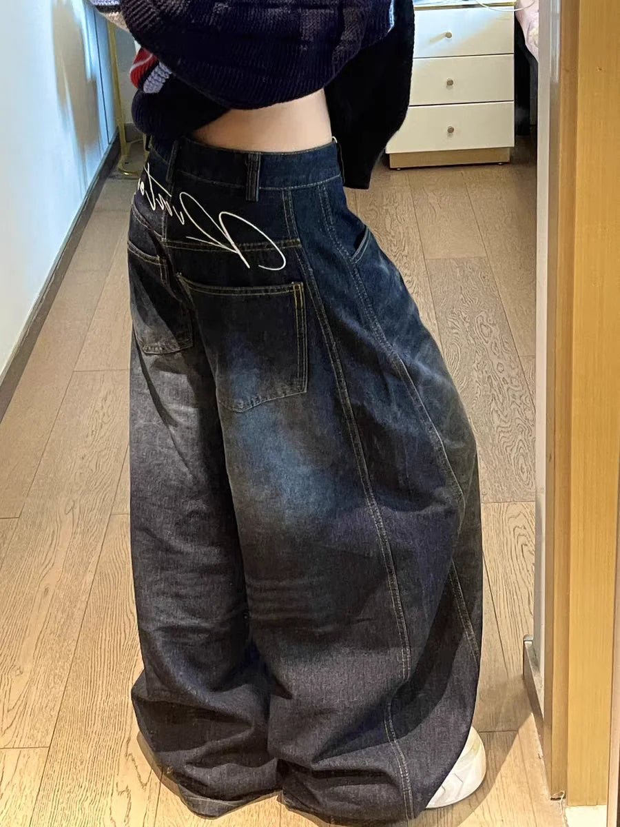 Casual Womens Y2K Loose Baggy Jeans Blue Washed High Street Vintage Cargo Pants Wide Leg Oversized Trousers y2k pants - ZentrovaZentrova