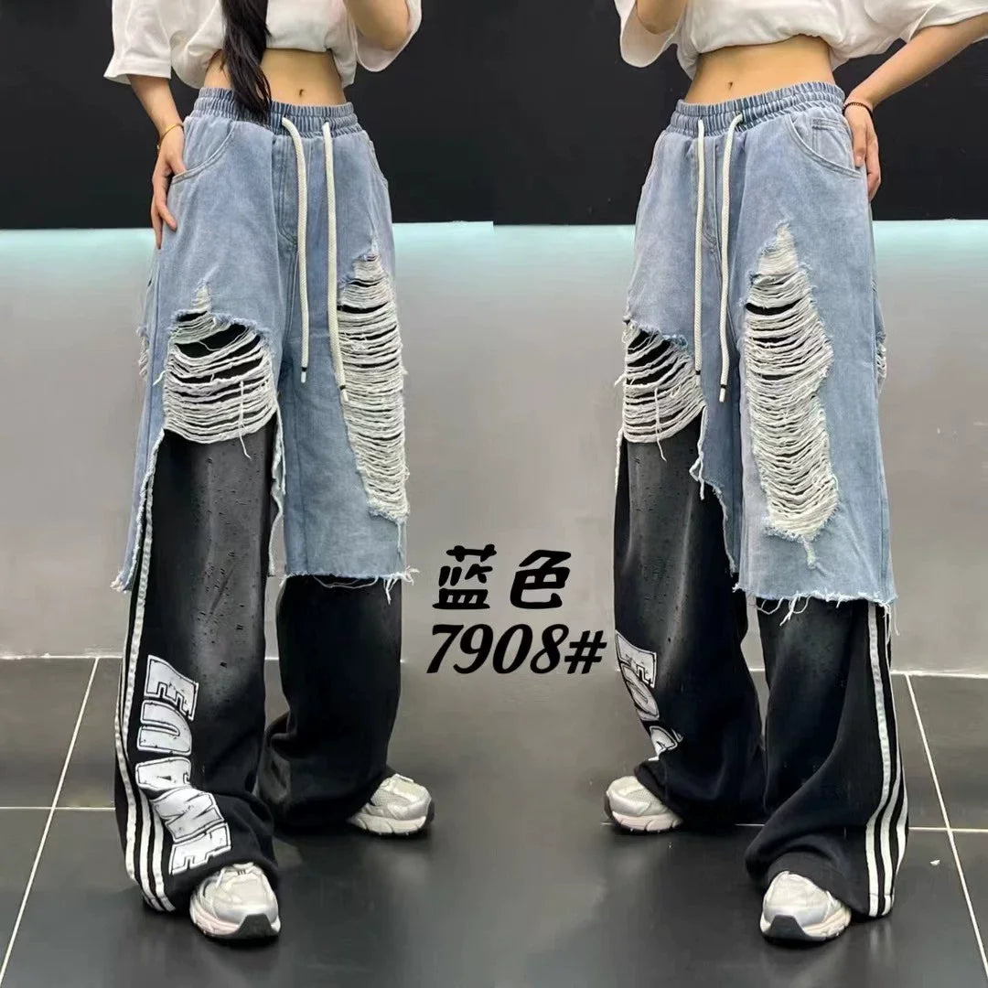 European Brand Stylish Patchwork Striped Jeans for Women Autumn New High Street Slimming Floor-Length Wide-Leg Casual Pants