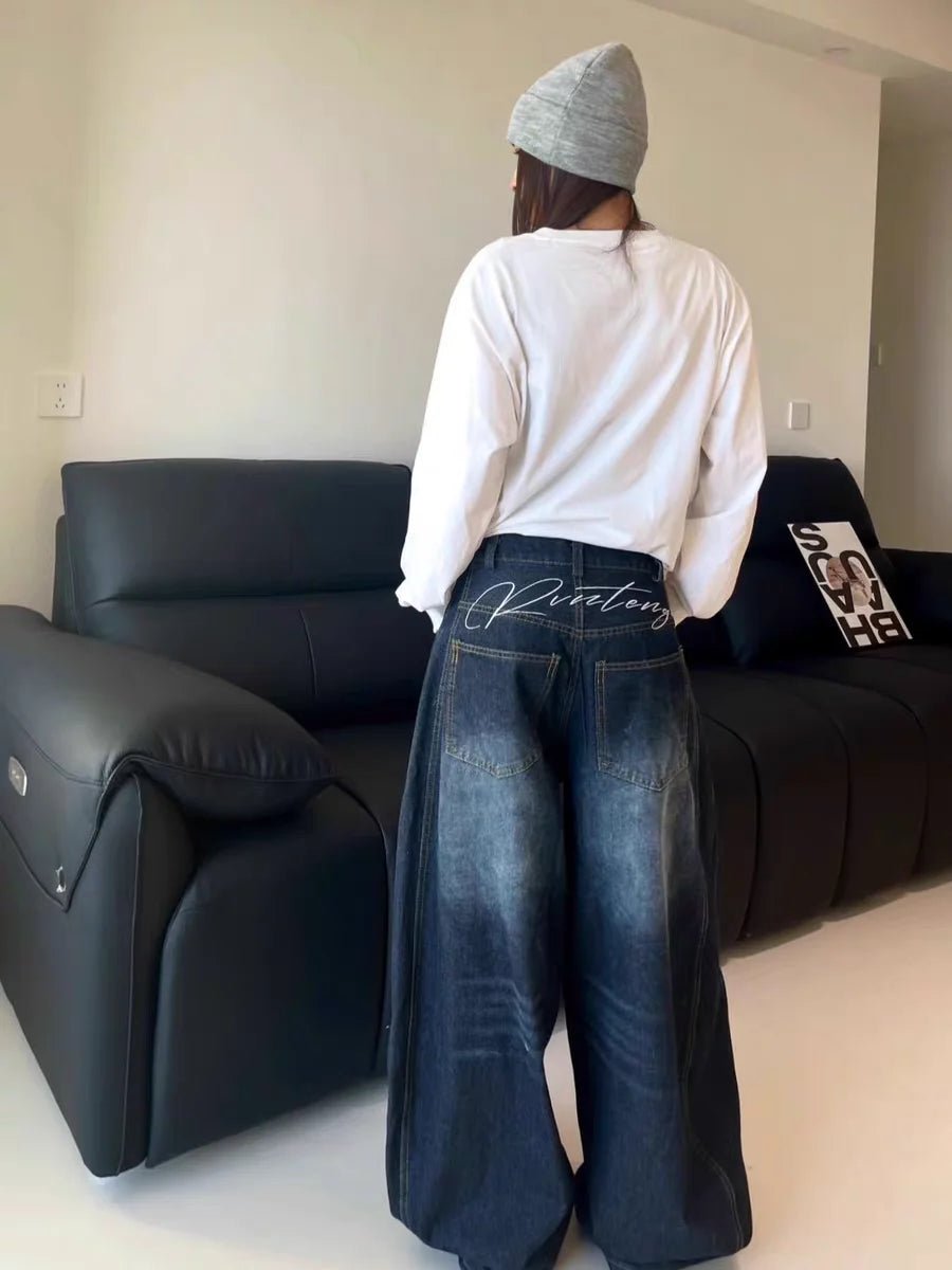 Casual Womens Y2K Loose Baggy Jeans Blue Washed High Street Vintage Cargo Pants Wide Leg Oversized Trousers y2k pants - ZentrovaZentrova