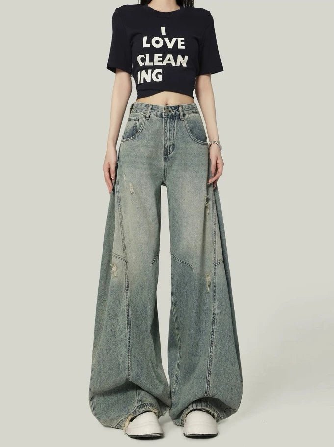 American High Street Retro Women Jeans Simple Basic High Waist Slim Woman Jeans Holes Casual Loose Chic Wide Leg Pants Female - ZentrovaZentrova