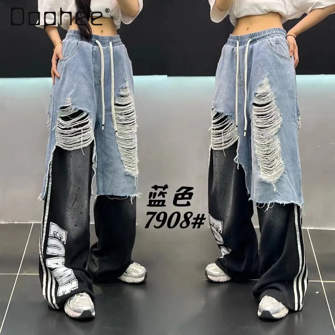 European Brand Stylish Patchwork Striped Jeans for Women Autumn New High Street Slimming Floor - Length Wide - Leg Casual Pants - ZentrovaZentrova